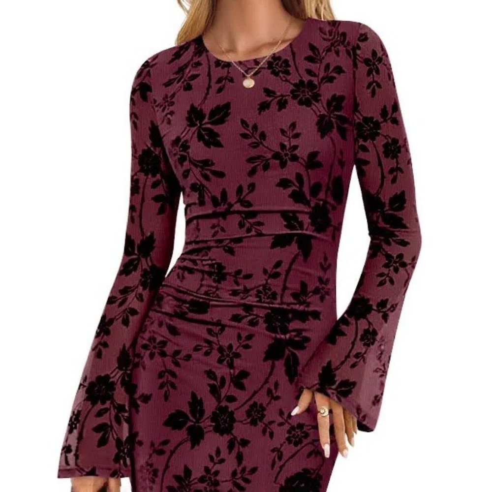 Zesica NEW Floral Bodycon Ruched Mesh Velvet Burnout Midi Dress Size M‎ Cocktail